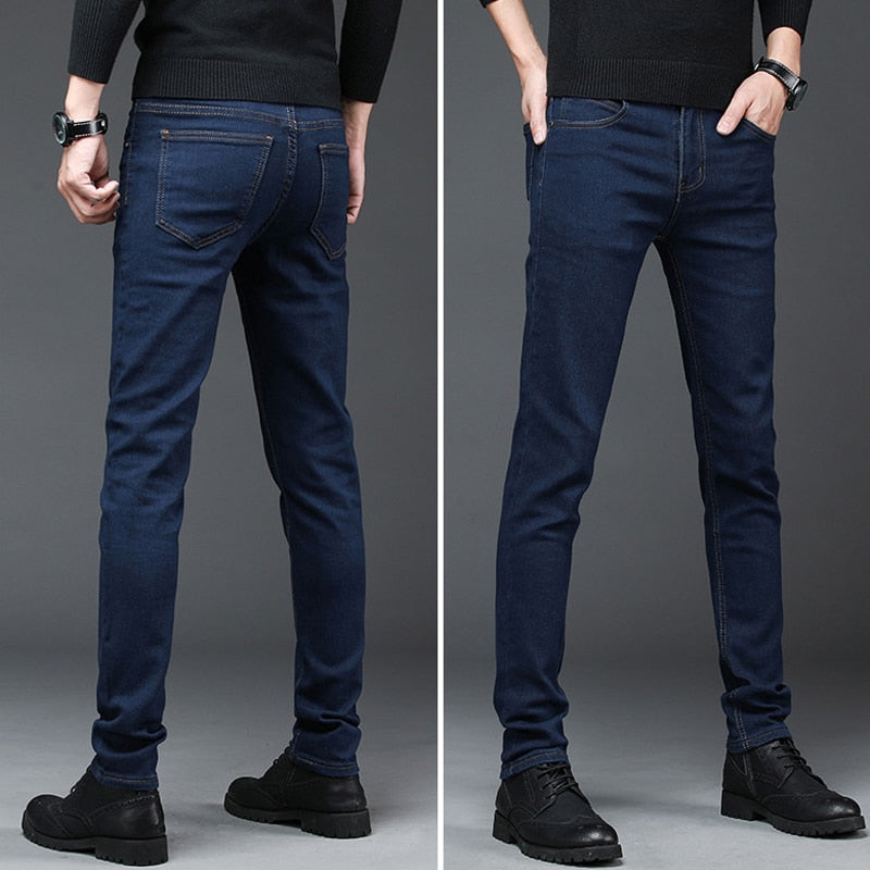 Men's Mid Waist Slim Straight Stretch Dark Wash Jeans