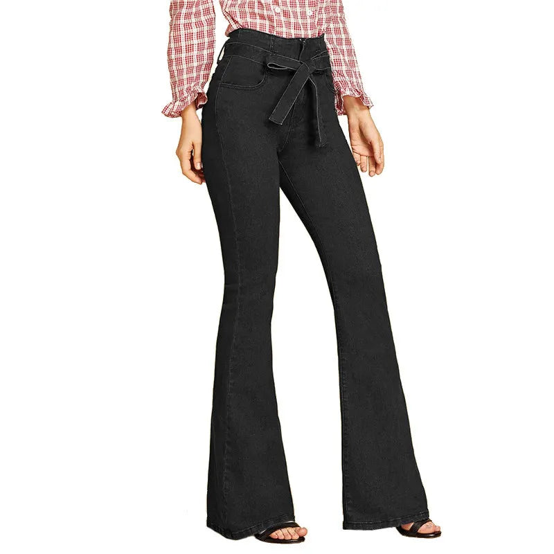 Women's Black Tie Waist Flare Medium Wash Jeans