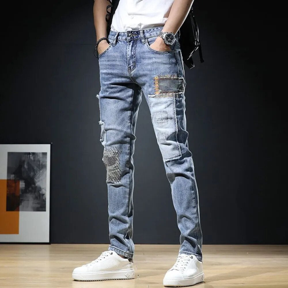 Men's Stylish Ripped & Patchworked Skinny Jeans