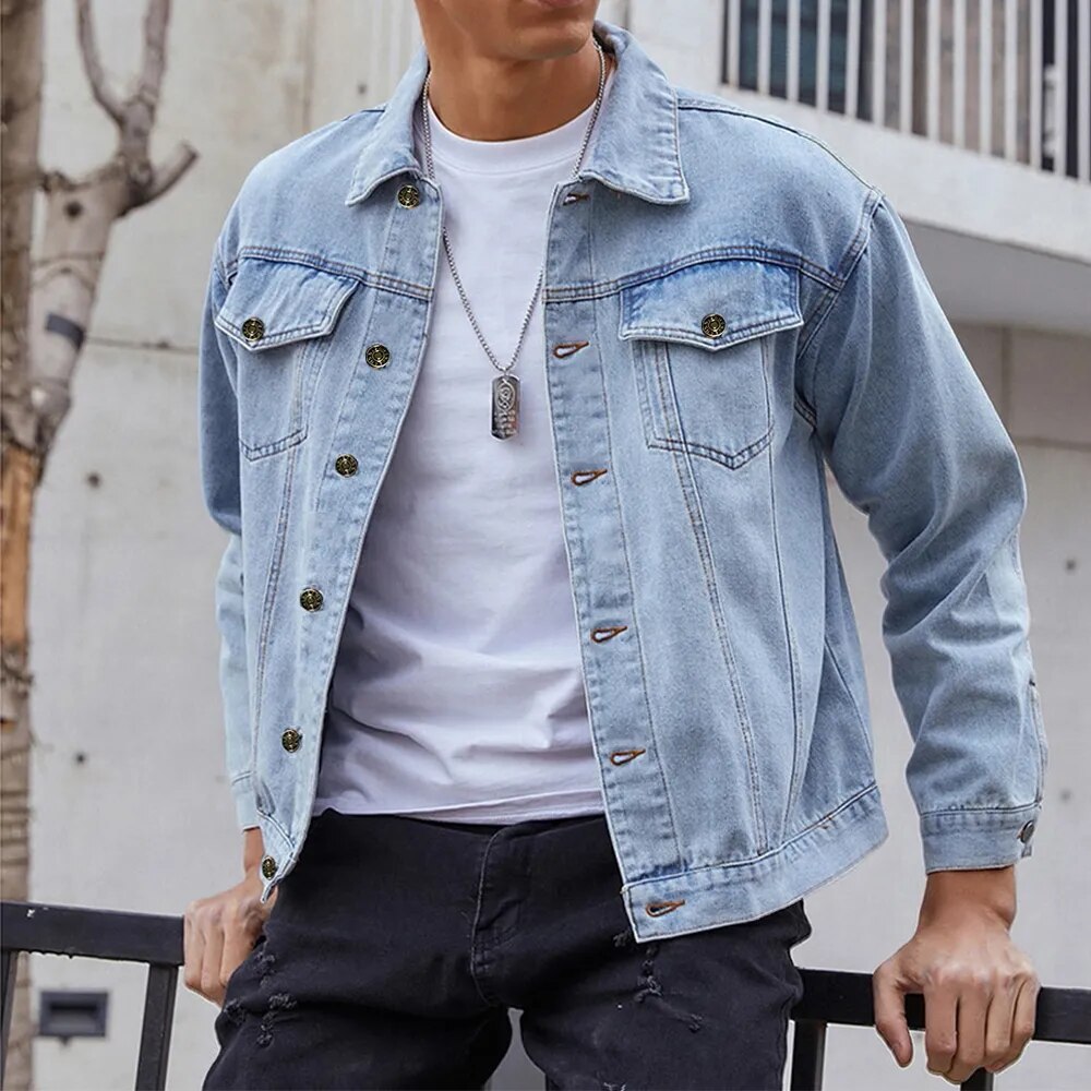 Men's Light Wash Denim Jean Jacket with Front Pockets