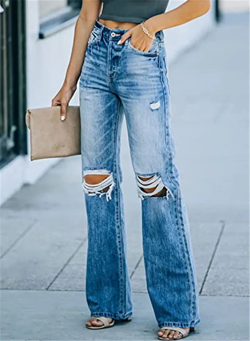 Women's Retro Flared Loose Fit Ripped Jeans