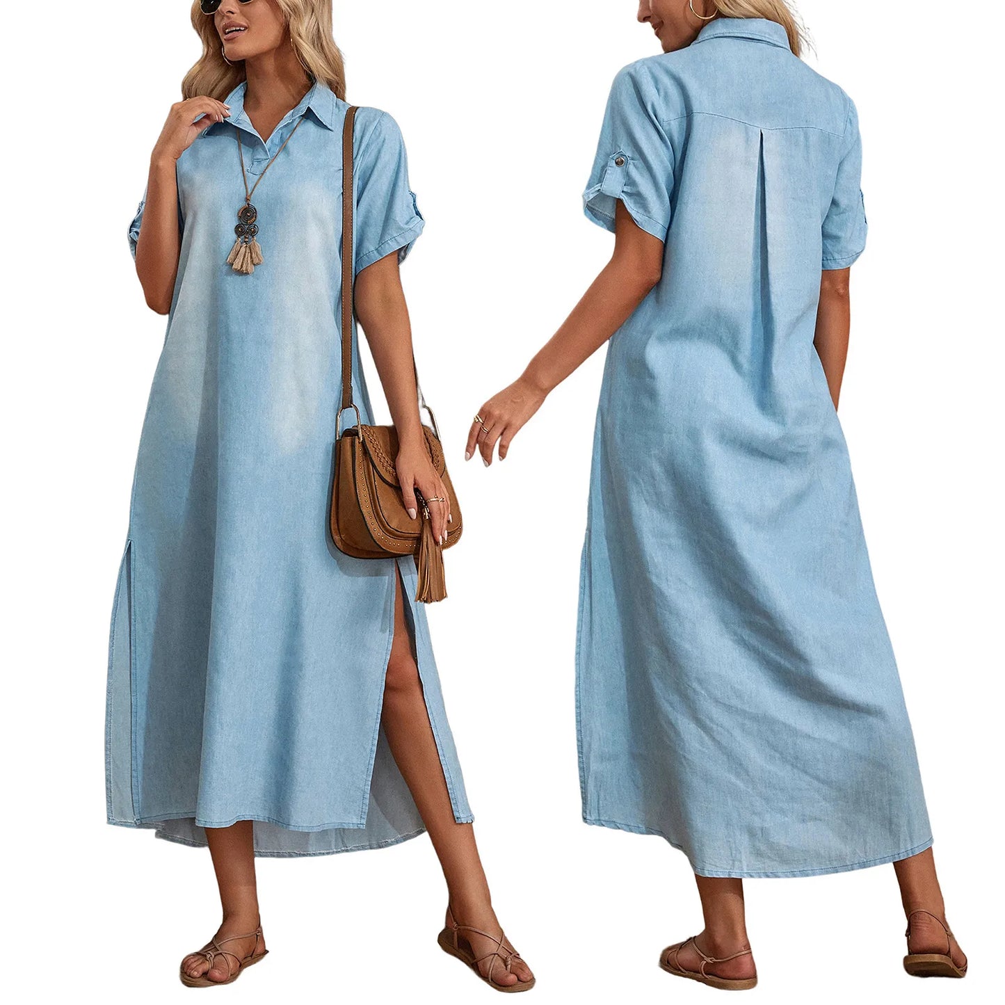 Women's Loose Long & Side Slitting Hem Denim Dress