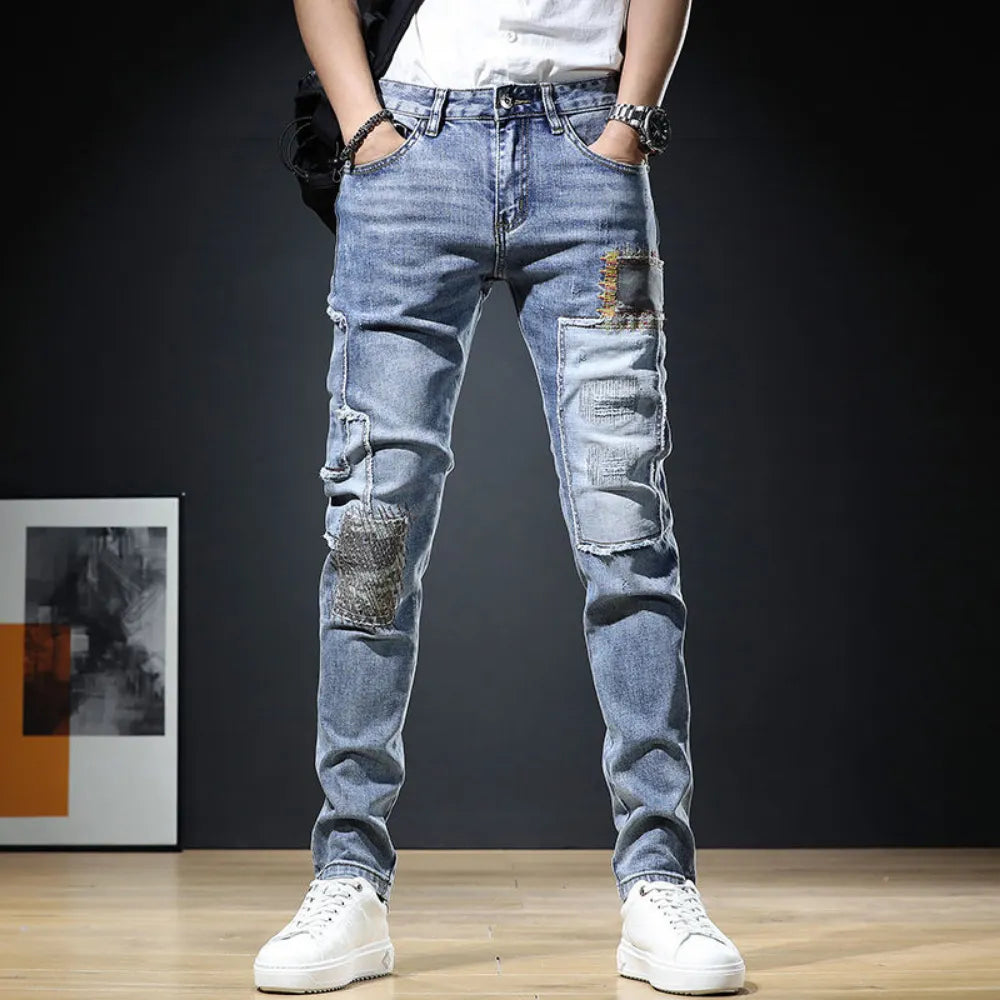 Men's Stylish Ripped & Patchworked Skinny Jeans