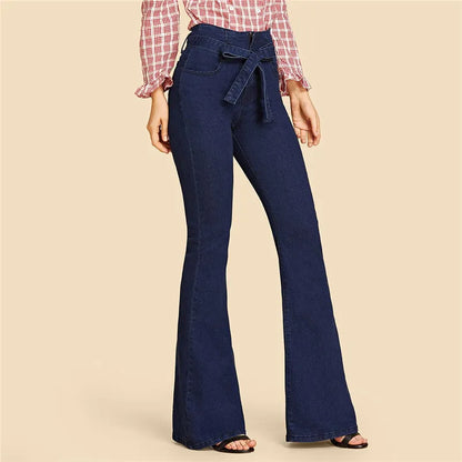 Women's Navy Blue Tie Waist Flare Medium Wash Jeans