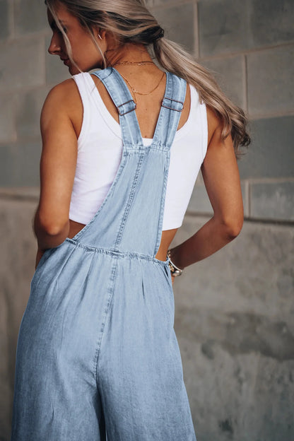 Women's Summer Ripped Overalls Blue Wide-Leg High-Waist Denim Overalls