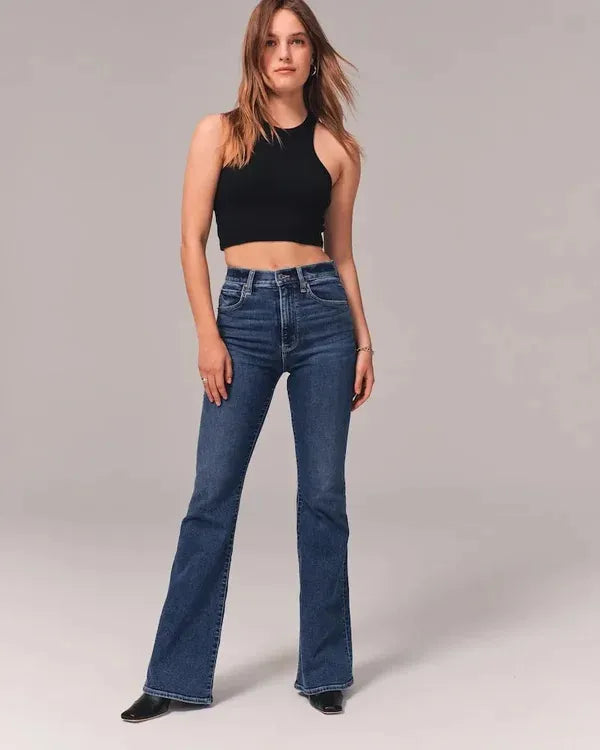 Women's Casual Dark Blue Flare High Waist Stretch Jeans