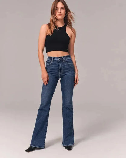 Women's Casual Dark Blue Flare High Waist Stretch Jeans