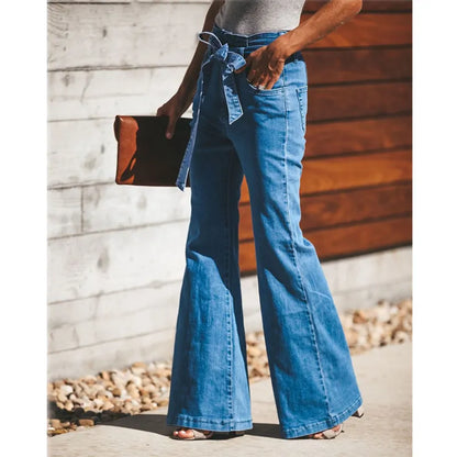 Women's Blue Tie Waist Flare Medium Wash Jeans
