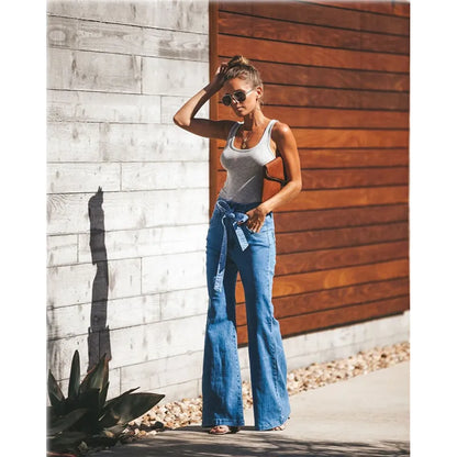 Women's Blue Tie Waist Flare Medium Wash Jeans