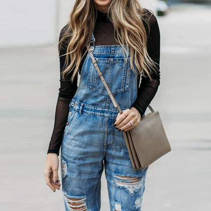 Women's Casual Straight Ripped Washed Overalls