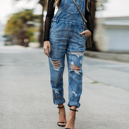 Women's Casual Straight Ripped Washed Overalls