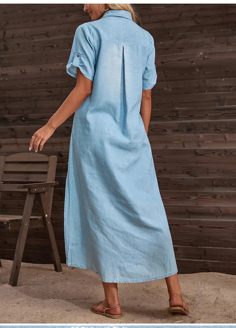 Women's Loose Long & Side Slitting Hem Denim Dress