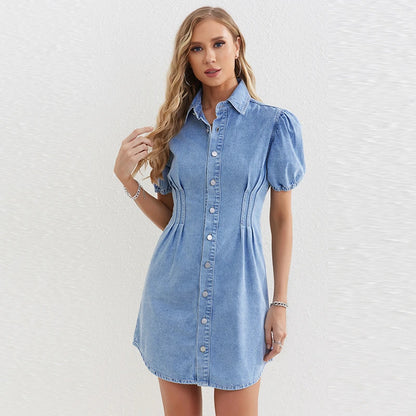 Women's Blue Summer Turn-down Collar & Puff Sleeves Mini Denim Dress