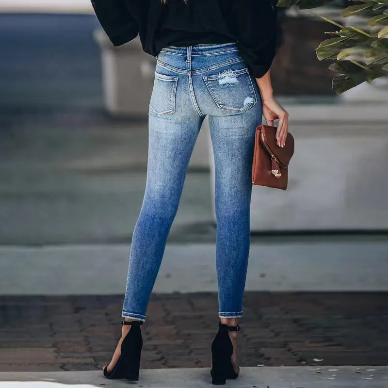 Women's Blue Mid Waist Streetwear Ripped Pencil Pants