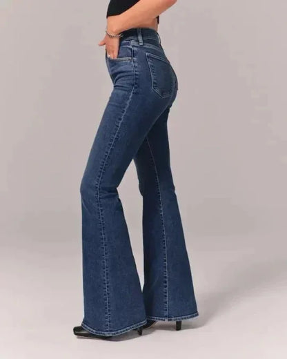 Women's Casual Dark Blue Flare High Waist Stretch Jeans