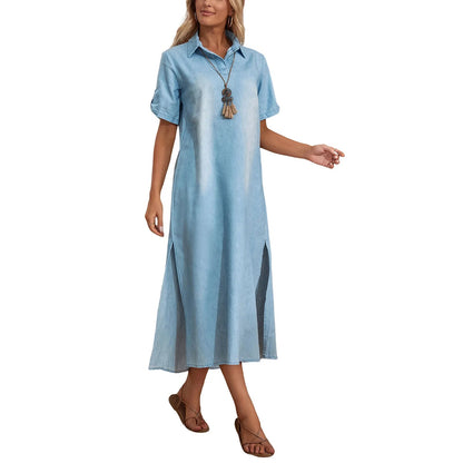 Women's Loose Long & Side Slitting Hem Denim Dress
