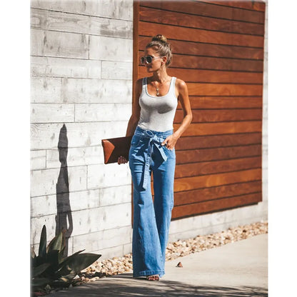 Women's Blue Tie Waist Flare Medium Wash Jeans