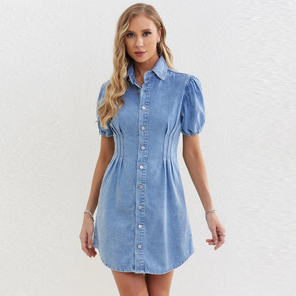 Women's Blue Summer Turn-down Collar & Puff Sleeves Mini Denim Dress