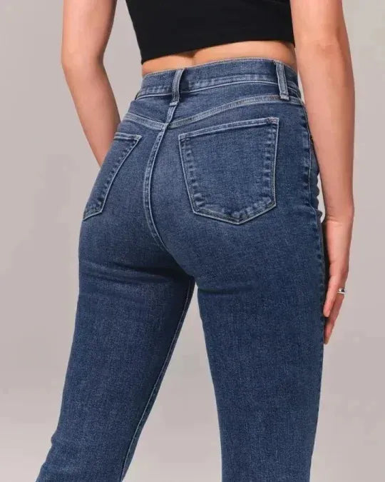 Women's Casual Dark Blue Flare High Waist Stretch Jeans