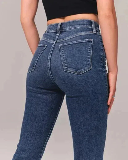 Women's Casual Dark Blue Flare High Waist Stretch Jeans