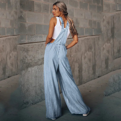 Women's Summer Ripped Overalls Blue Wide-Leg High-Waist Denim Overalls