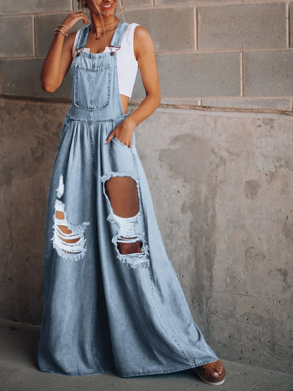 Women's Summer Ripped Overalls Blue Wide-Leg High-Waist Denim Overalls