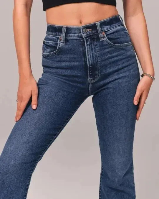 Women's Casual Dark Blue Flare High Waist Stretch Jeans