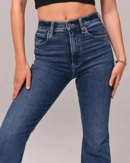 Women's Casual Dark Blue Flare High Waist Stretch Jeans