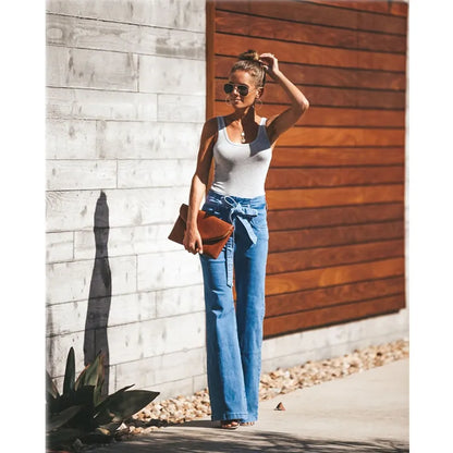 Women's Blue Tie Waist Flare Medium Wash Jeans