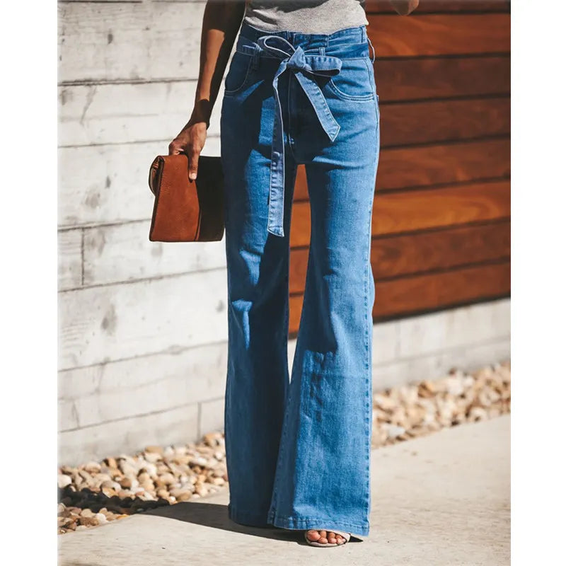 Women's Blue Tie Waist Flare Medium Wash Jeans