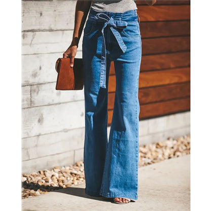 Women's Blue Tie Waist Flare Medium Wash Jeans