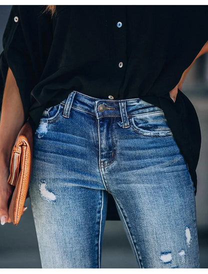 Women's Blue Mid Waist Streetwear Ripped Pencil Pants